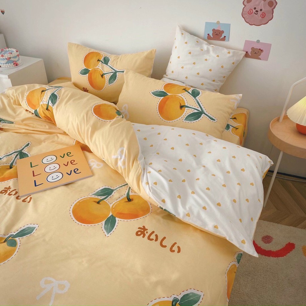 Bộ TRÁI CAM HÀN QUỐC set chăn ga gối COTTON LIVING 100%