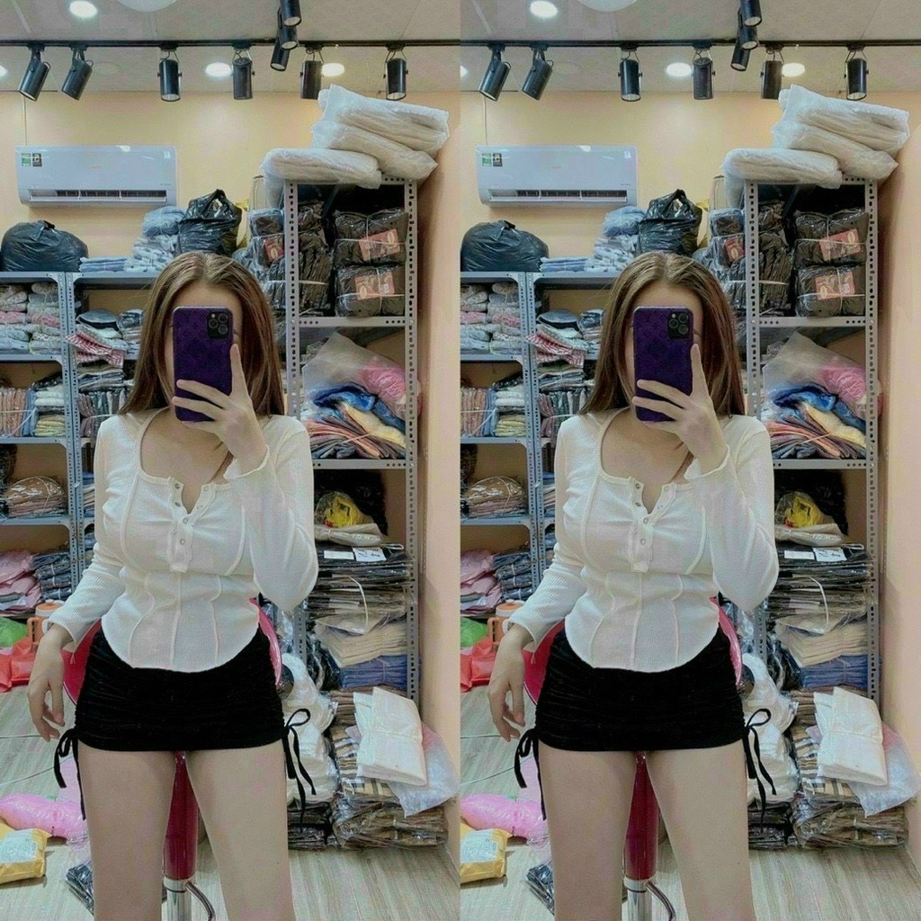 áo thun gân tay dài nút  bấm phối đường li 2 bên sườn li