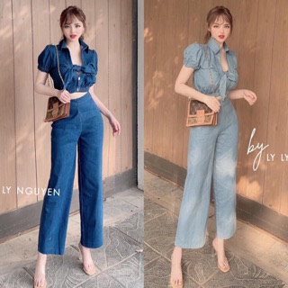 Set áo kiểu croptop nơ ngực tay phồng + quần dài ống suông
