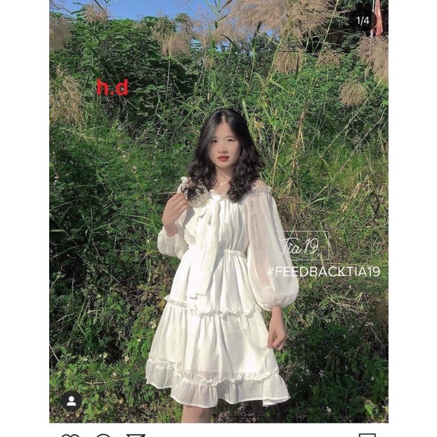 V023 Váy trắng trễ vai 2 lớp tay bồng nơ ngực dáng xòe bánh bèo công chúa Đầm tiểu thư lolita 2 tầng dự tiệc dễ thương
