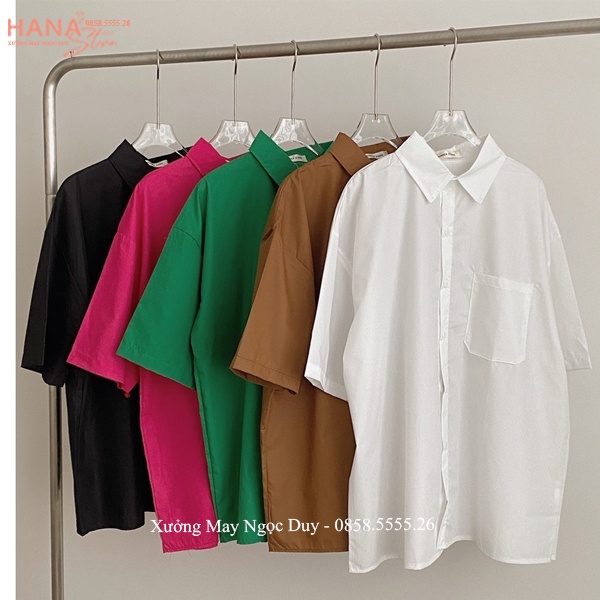 Áo sơ mi nữ form rộng tay ngắn kiểu hàn quốc màu Trắng Xanh Cốm Nâu oversize phiên bản áo sơ mi trắng nữ đi học cổ bẻ V