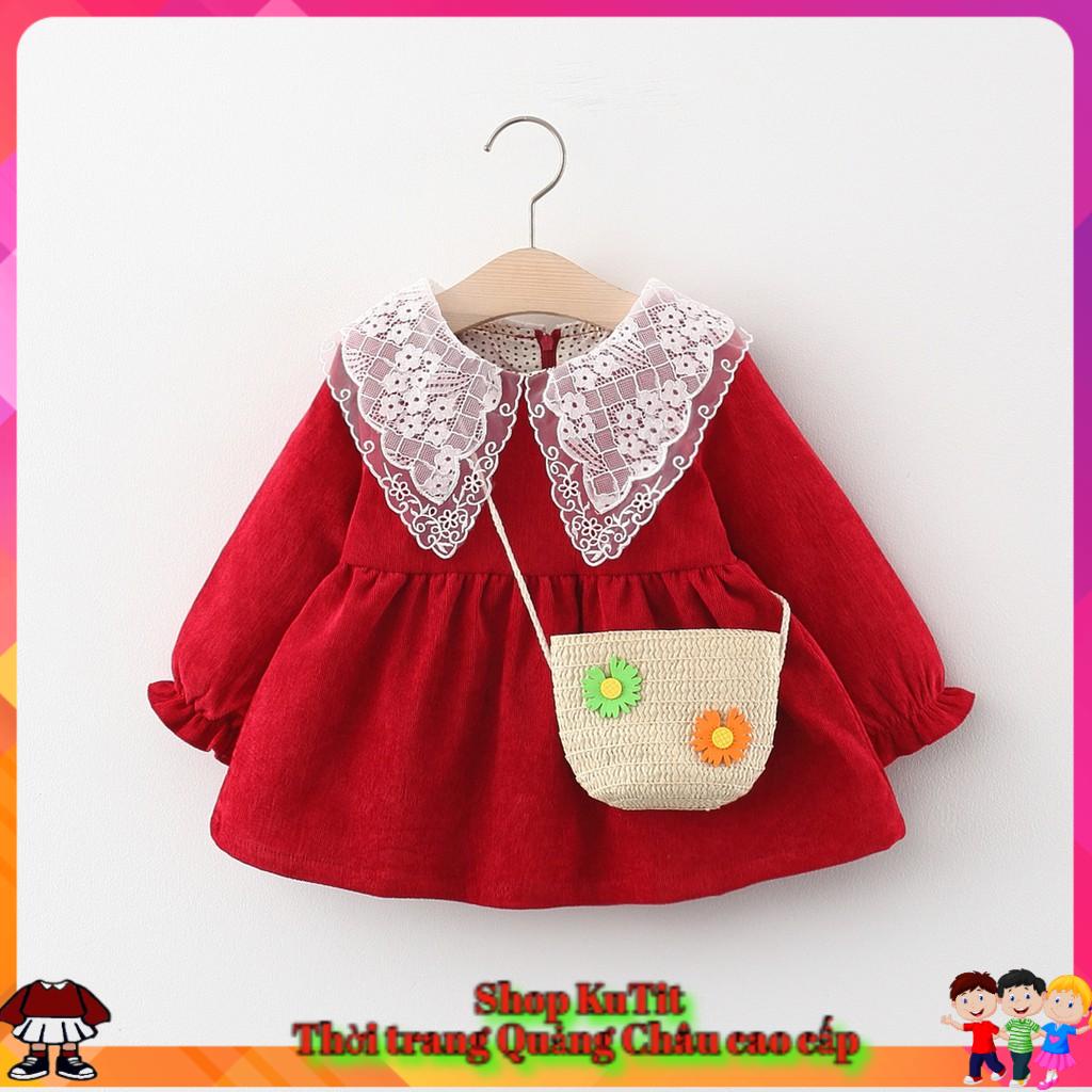 Váy thu đông bé gái cổ ren kèm túi đeo điệu đà size 10-16kg