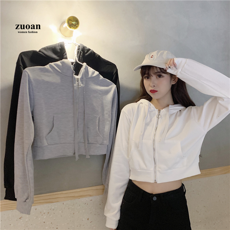 SUXI Áo khoác sweater ngắn mỏng dáng rộng phối khóa kéo phong cách mùa thu cá tính cho nữ