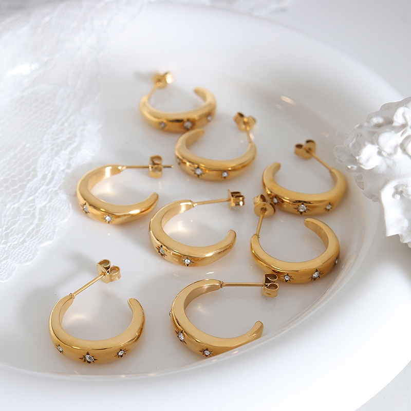 Mới Phổ Biến Phong Cách Hồng Kông Hình Chữ C Kẻ Sọc Zircon Bông Tai Thiết Kế Niche Bông Tai Bé Gái F