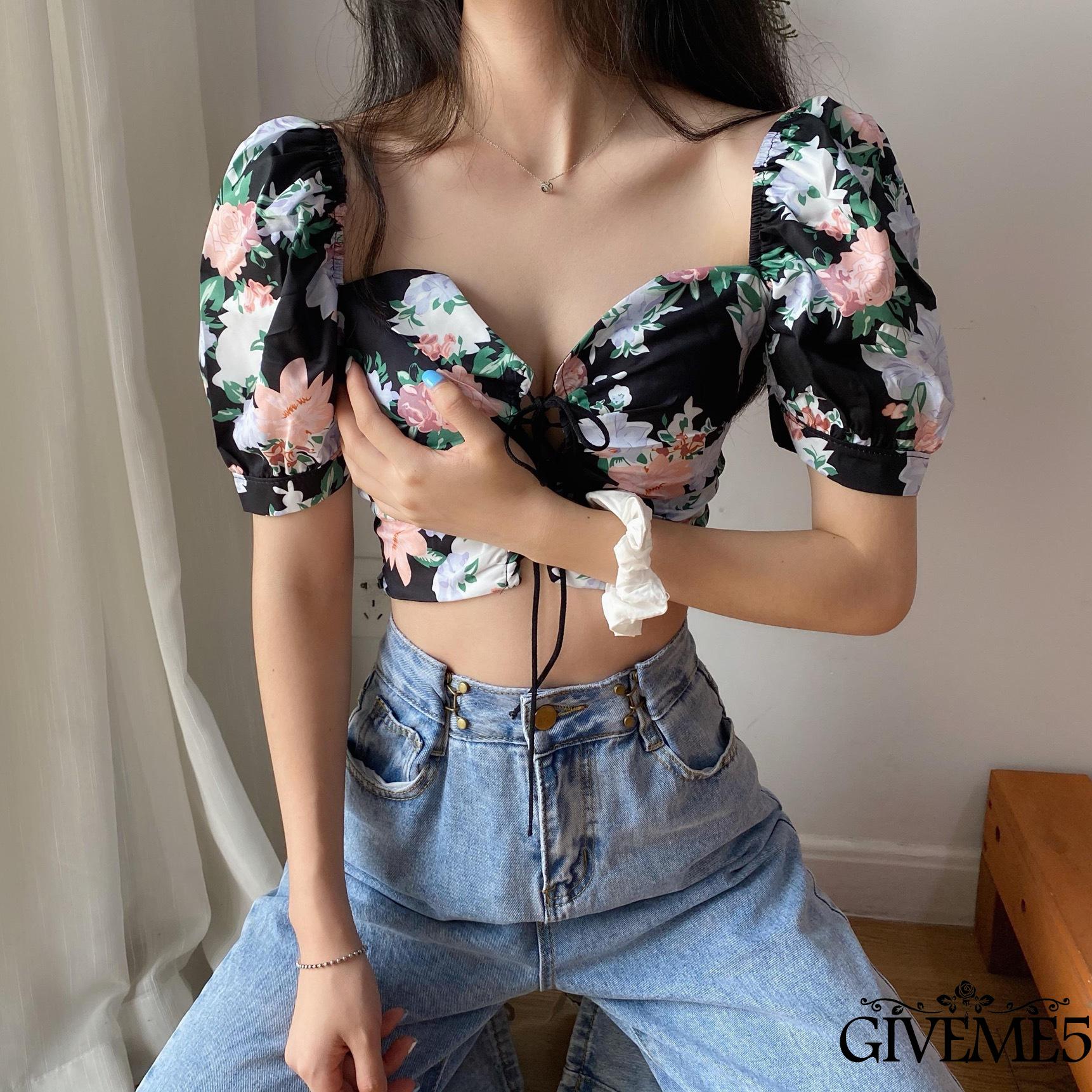 [Mã FAMAYWA giảm 10K đơn 50K] Áo Croptop Cổ Chữ V Tay Phồng Họa Tiết Hoa Thời Trang Cho Nữ | BigBuy360 - bigbuy360.vn