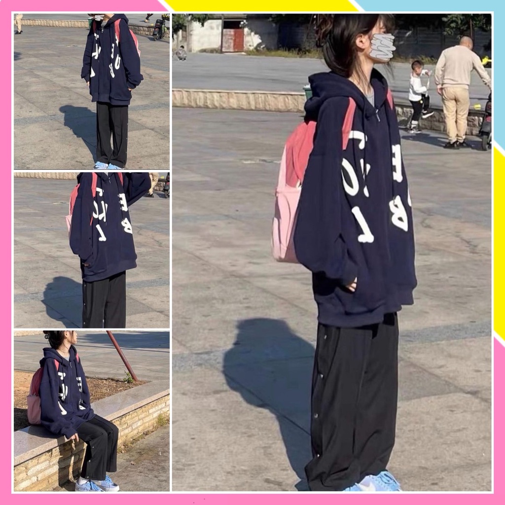 Set Bộ Đồ Nữ Thu Đông Form Rộng Áo Khoác Hoodie Zip Quần ống suông bấm cúc Ulzzang Unisex