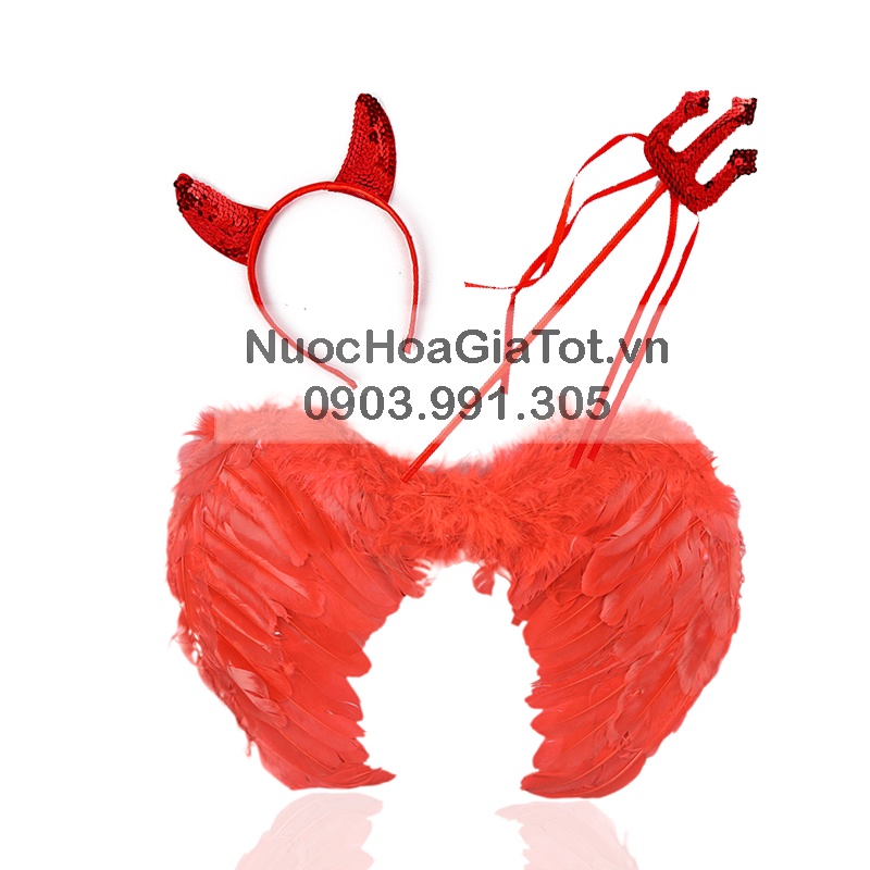 Đồ chơi phụ kiện hóa trang Halloween cánh lông vũ cài sừng đỏ tiểu quỷ cho bé trai gái người lớn
