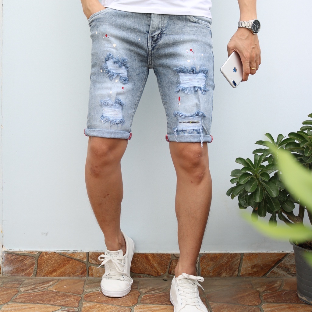Quần Short Nam X0137 Quần Đùi Nam Xanh Bạc Rách Phối Vải Jeans Không Ra Màu Dày Co Giãn Tốt Form SlimFit