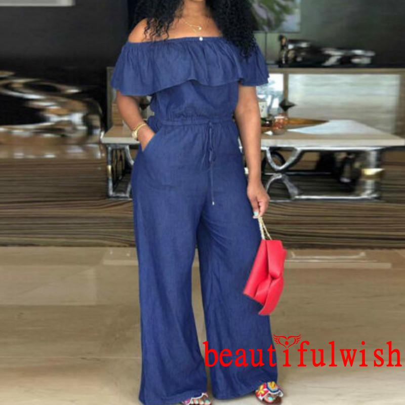 ✡Yl♀Jumpsuit Denim Trễ Vai Thiết Kế Dây Rút Eo Cao Thời Trang Xinh Xắn Cho Nữ | BigBuy360 - bigbuy360.vn