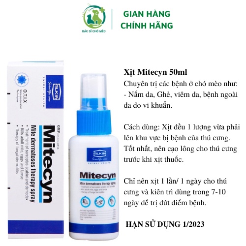 Alkin Mitecyn Xịt Trị Nấm, Ghẻ, Viêm Da ở Chó Mèo 50ml Hàng Anh Quốc- LOẠI THẨM THẤU CAO