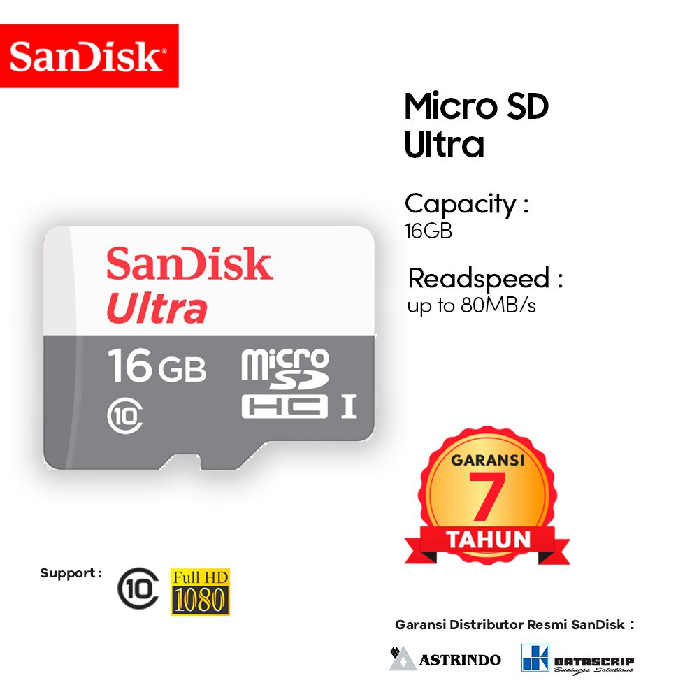 Thẻ Nhớ Sandisk Ultra Micro Sdhc Uhs-i 16gb Class 10 Up Đến 80mbps