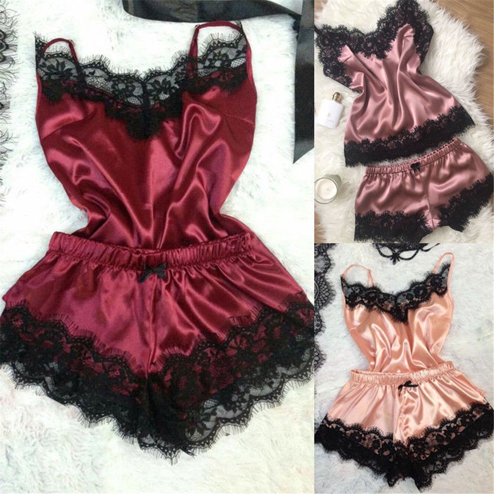 Set đồ ngủ vải satin hai dây phối ren gợi cảm cho nữ