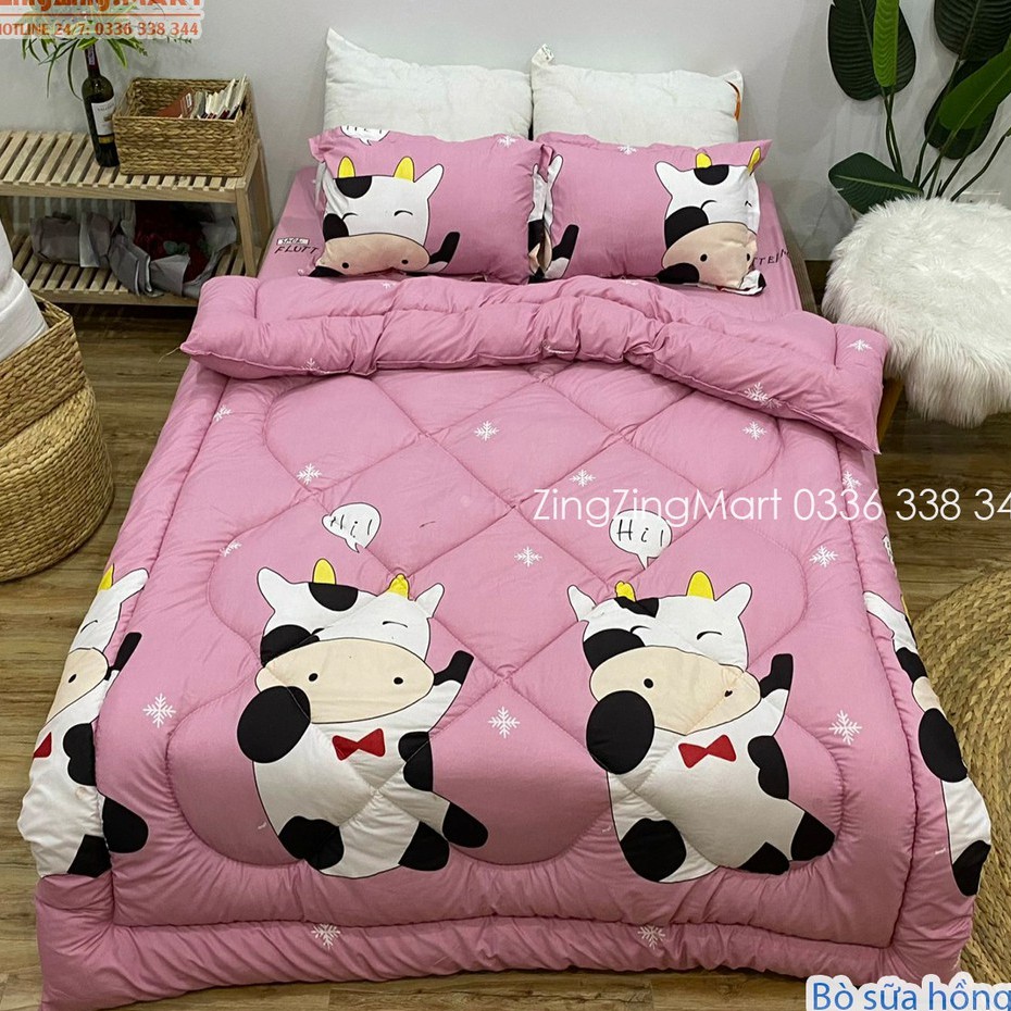Chăn Phao Mẫu BÒ HỒNG, Sét 5 Món Chăn ga Gối (Được chọn mẫu)