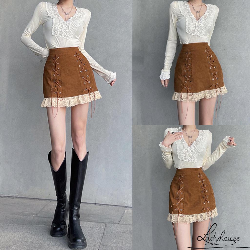 Chân Váy Chữ A Lưng Cao Dáng Ôm Phối Ren Thời Trang Cho Nữ