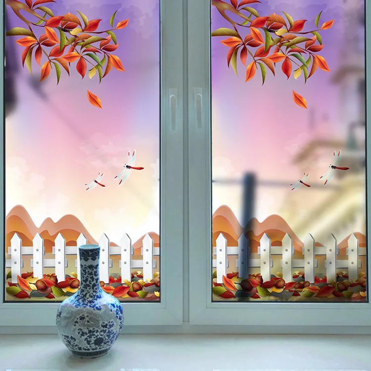 Decal trang trí kính cao cấp mẫu hàng rào trắng và lá mùa thu rơi (60cm x 116cm)