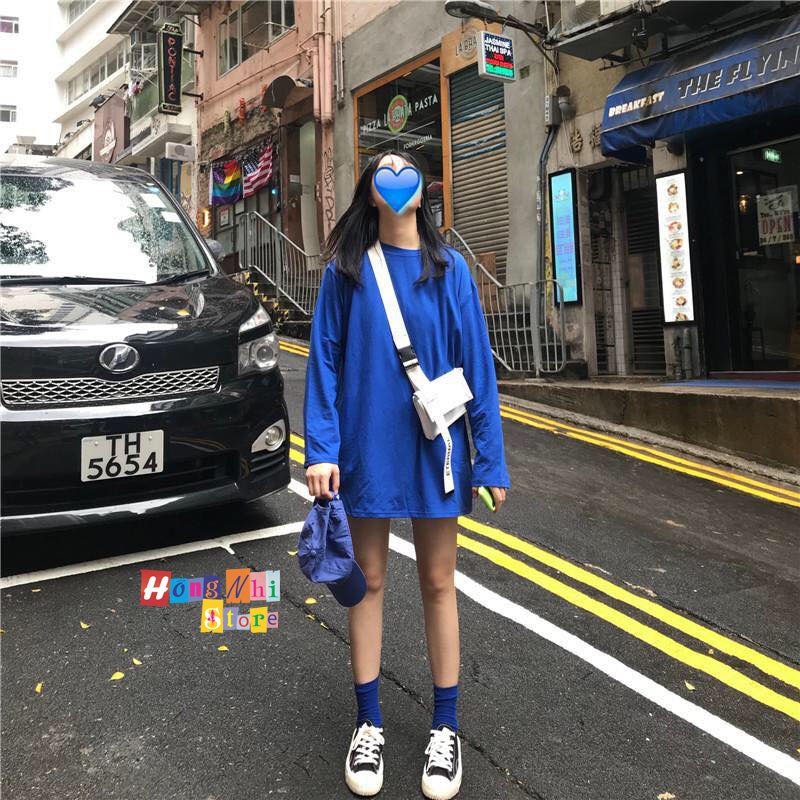 Áo Thun Tay Dài Trơn Long Tee Ulzzang Unisex Nam Nữ Dáng Rộng Màu Xanh Dương Đậm Coban - MM