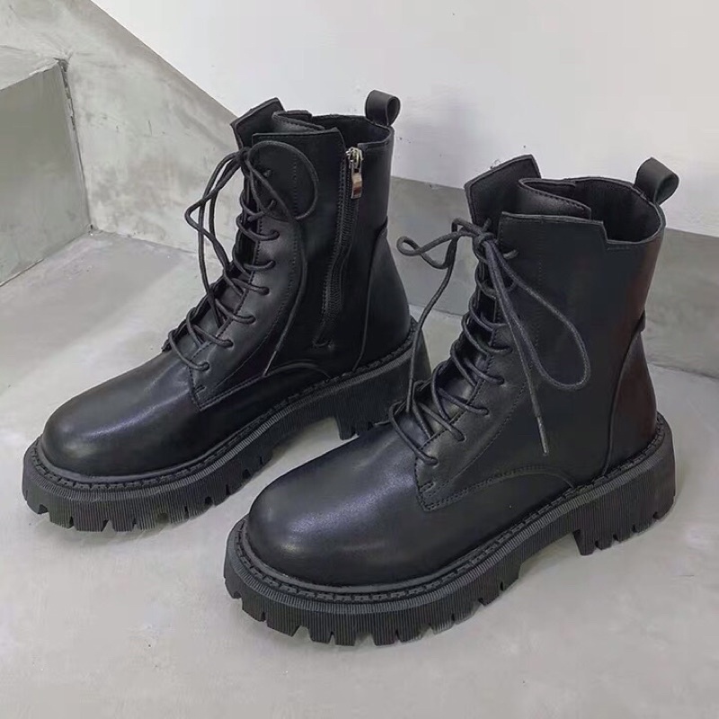 Boots Martin cổ ngắn đan dây khoá sườn đế cao 4cm