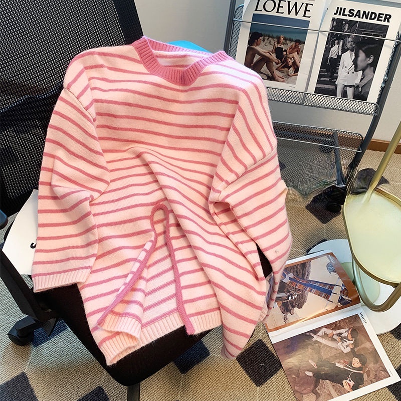 Áo Sweater Dệt Kim Cổ Tròn Dáng Rộng Xẻ Tà Kẻ Sọc Thời Trang Thu Đông Cho Nữ