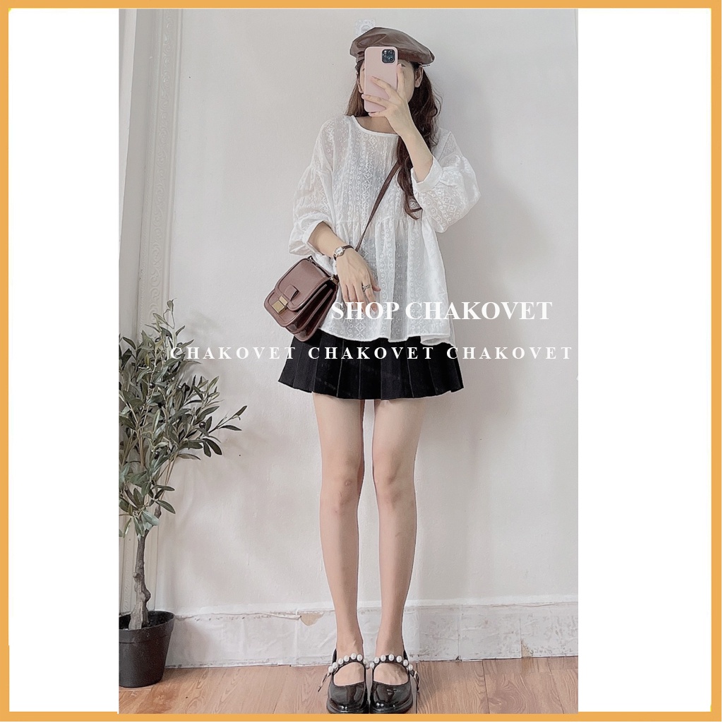 Áo sơ mi nữ tay dài form rộng CKA877, kiểu áo nữ dáng babydoll cổ tròn tay bồng hoa văn dập nổi style hàn quốc cực xinh