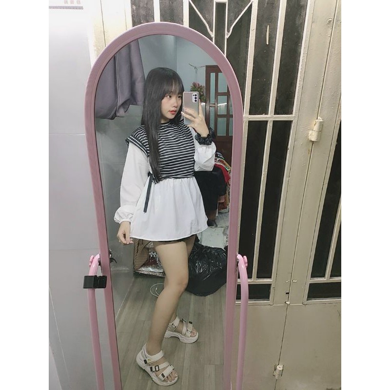 Áo babydoll phôm rộng phối sọc đen cao cấp_UTN