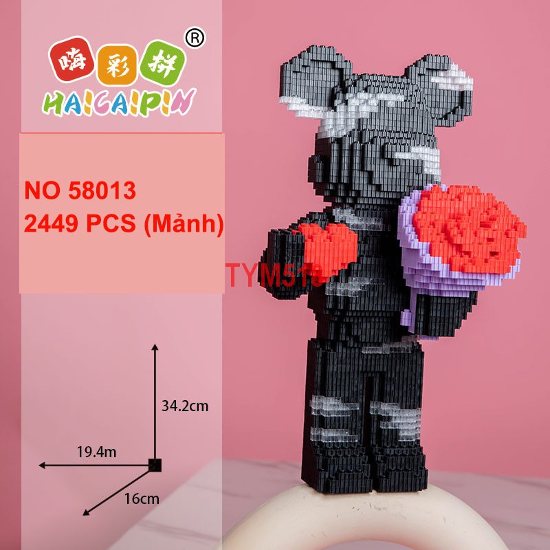 Xếp hình Gấu Bearbrick ôm hoa cầm hoa 35cm Đồ chơi lắp ráp mô hình cỡ lớn bear bricK cho bé