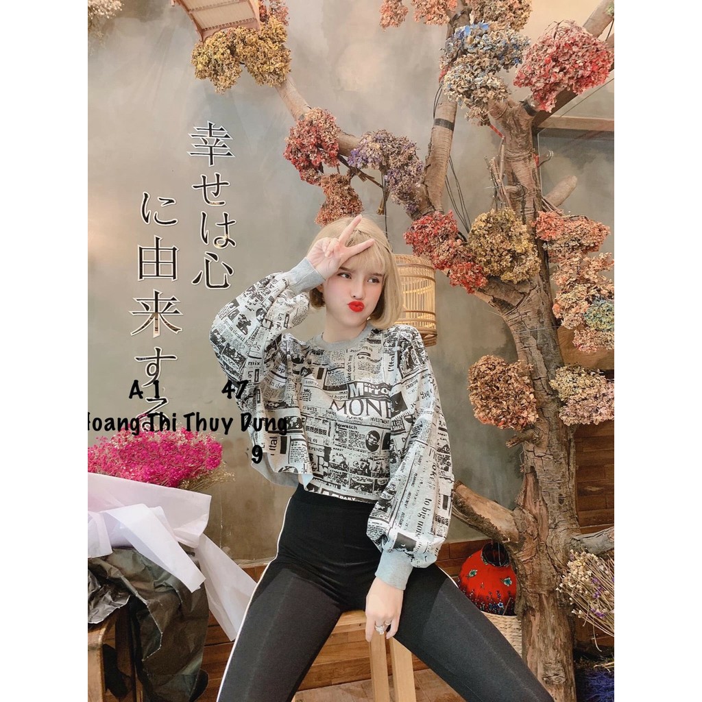 Áo croptop tay dài phồng in chữ giấy báo cực chất - MM.AN667