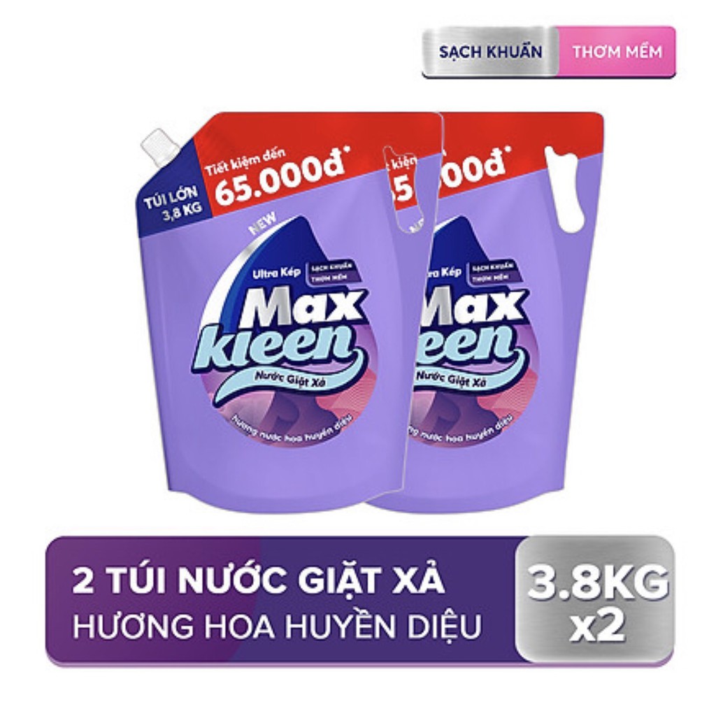 Combo 2 Túi Nước Giặt Xả Maxkleen Hương Huyền Diệu 3,8kg/ túi+Tặng Voi Bông