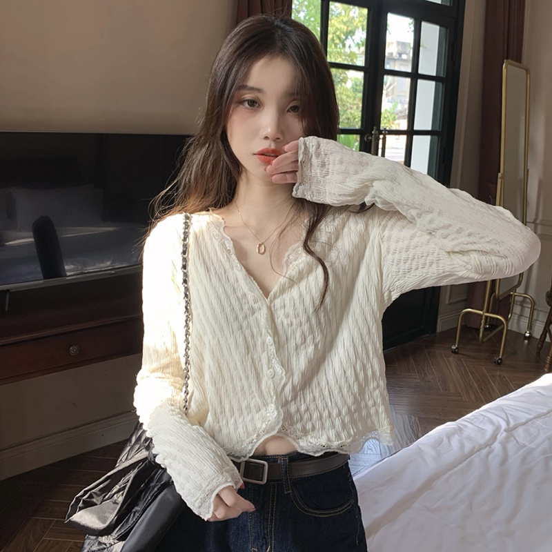 Áo sơ mi SUXI cổ chữ V tay dài dáng rộng phong cách Hàn Quốc cho nữ