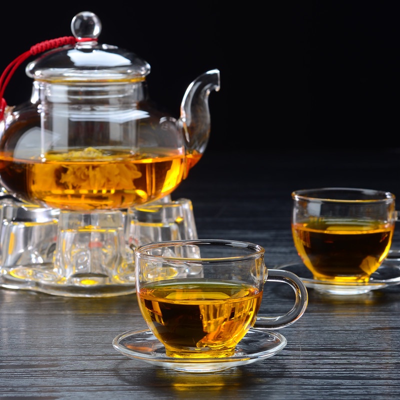 Bộ Ấm Pha Trà Thủy Tinh Chịu Nhiệt Dung Tích 600ml, Bộ Bình Trà Kèm 06 Chén và 01 Đế Nến