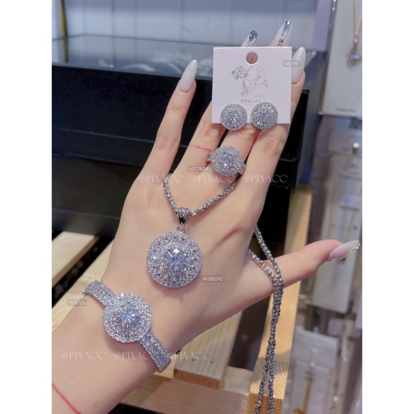 Bộ trang sức xi bạch kim, set bông tai, khuyên tai, dây chuyền, vòng cổ, nhẫn, vòng tay đính full soàn dáng tròn .PTNACC
