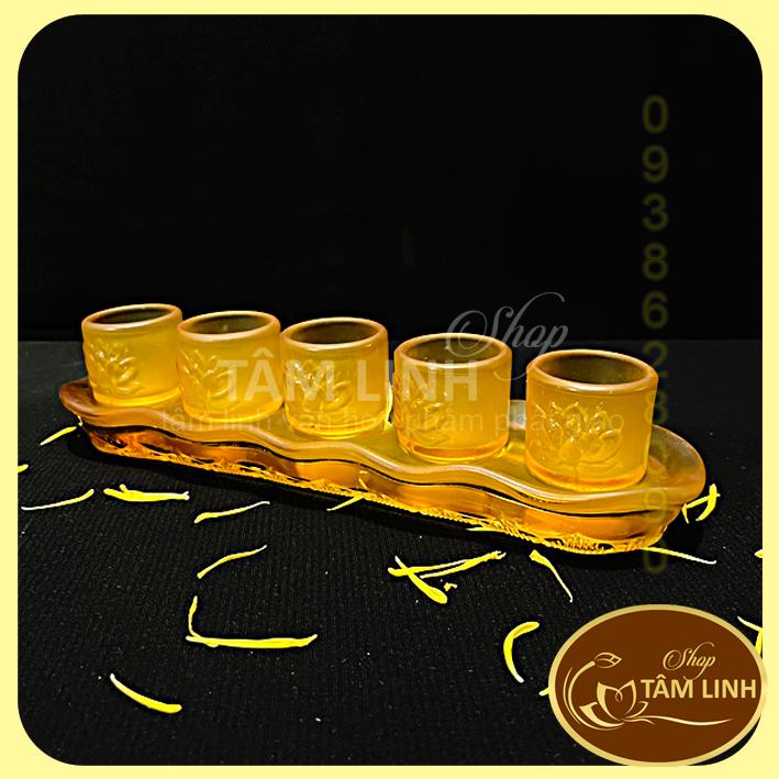 Bộ án 5 ly nước thờ cúng bằng lưu ly vàng siêu đẹp...