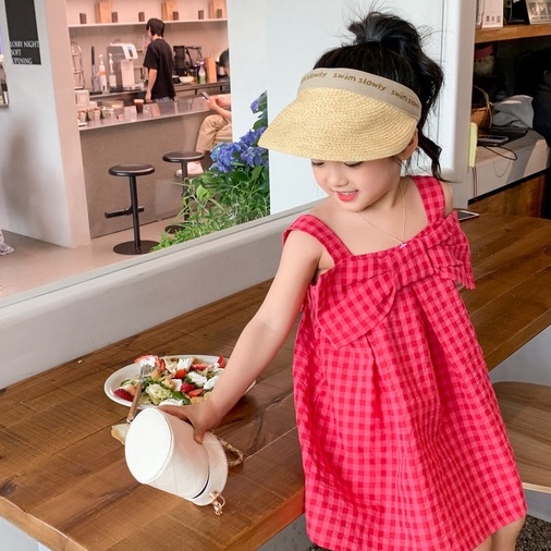 Đầm Hai Dây Họa Tiết Caro Đính Nơ Phong Cách Hàn Quốc Thời Trang Mùa Hè Cho Bé Gái