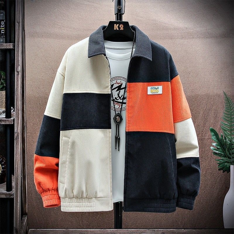 Áo Khoác Nhung Dáng Rộng Cỡ Lớn Phối Màu Sắc Tương Phản Kiểu Hàn Quốc Thời Trang Xuân Thu Cho Nam