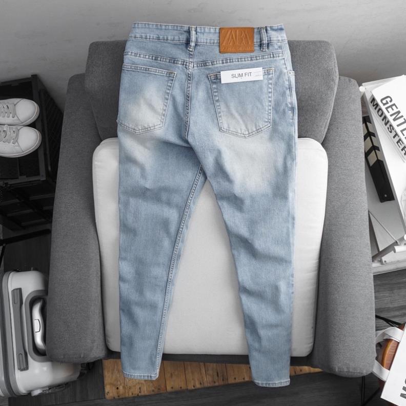 Quần jean nam xanh slimfit trơn không rách gối chất bò cao cấp co dãn 4 chiều rmt08