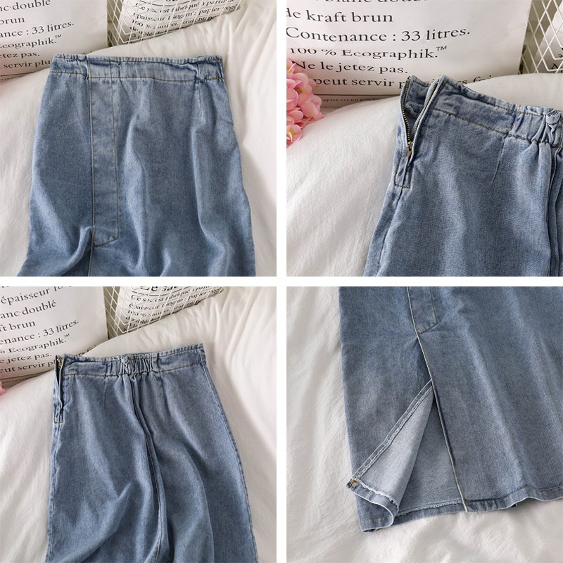 Xiaozhainv chân váy jean Chữ A Lưng Cao Xẻ Tà Phong Cách Retro Hàn Quốc | BigBuy360 - bigbuy360.vn