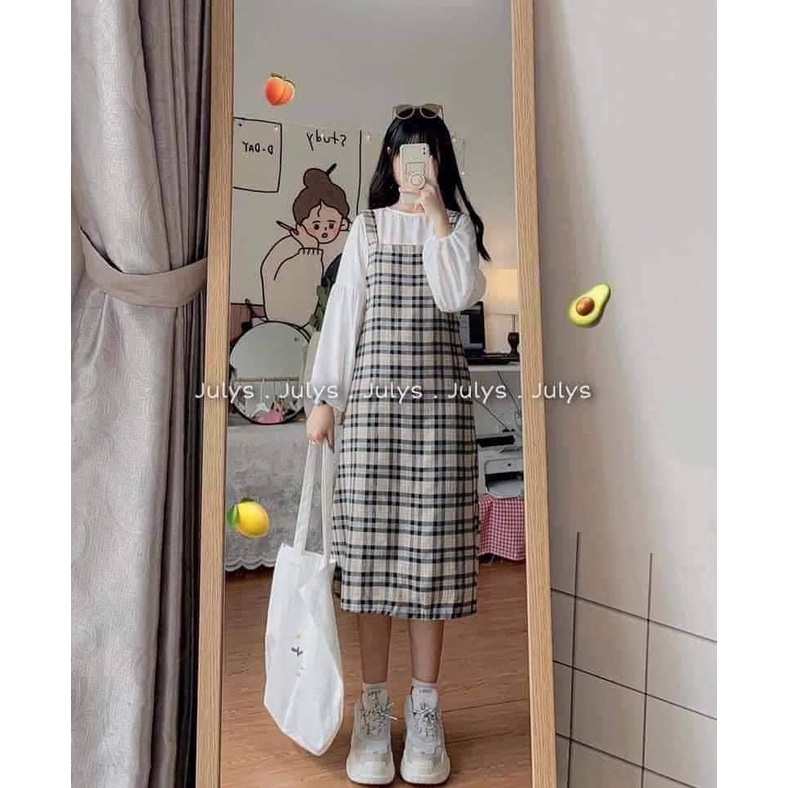 Set Đồ Nữ Áo Croptop Kèm Yếm 2 Dây Dáng Rộng Unisex Thời Trang Hàn Quốc, Váy Nữ Yếm Babydoll Kèm Áo Thun Siêu Hot