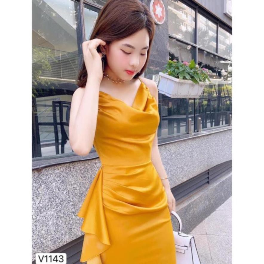 Váy vàng 2 dây cổ đổ V1143 - ĐẸP SHOP DVC ( Ảnh mẫu và ảnh trải sàn do shop tự chụp )
