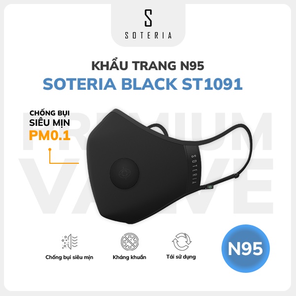 Khẩu trang thời trang Soteria Black ST1091 - Bộ lọc N95 BFE PFE 99 lọc hơn 99% bụi mịn 0.1 micro- Size S,M,L