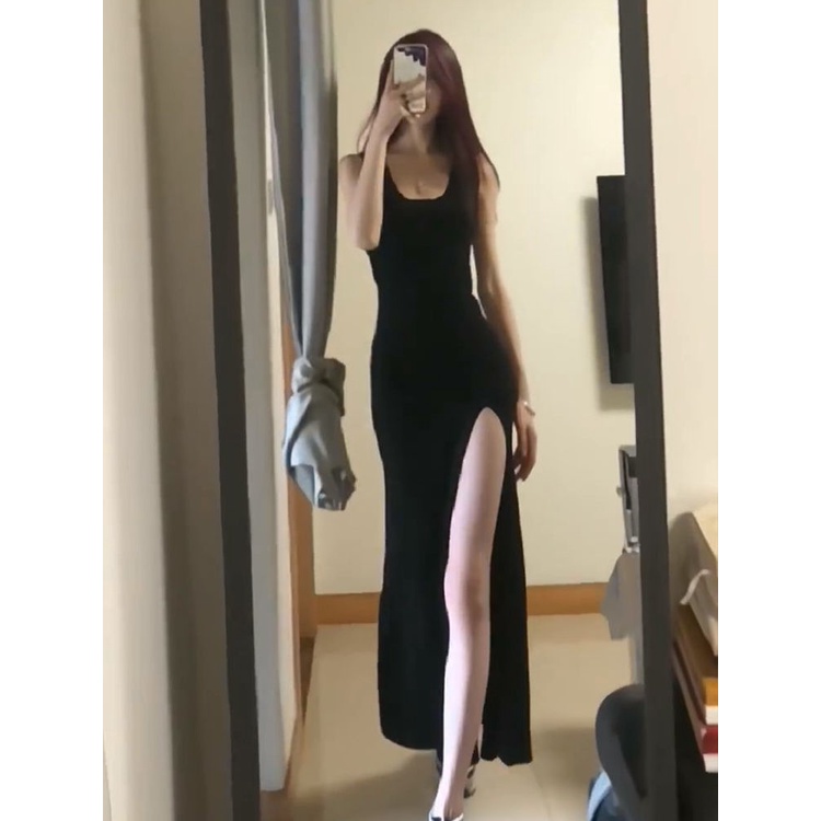 Đầm Thun Dài Qua Gối Không Tay Xẻ Tà Lưng Cao Thời Trang Mùa Hè Dành Cho Nữ