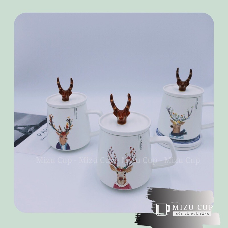 Cốc gốm sứ cao cấp hình con hươu vintage kèm nắp