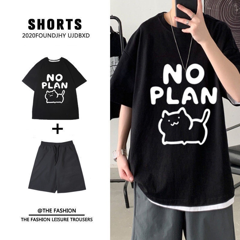 Trang phục áo thun tay ngắn và quần short ống rộng in hoạt hình kiểu mùa hè cho nam