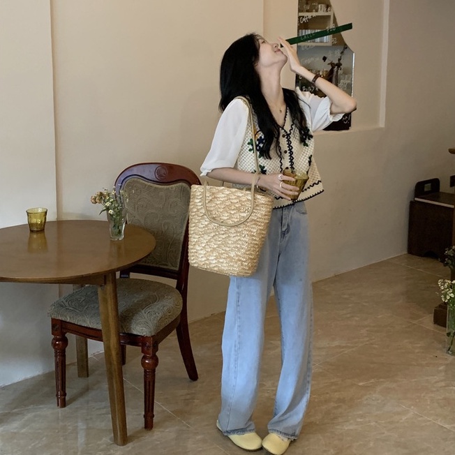 Áo sơ mi ZHELIHANGFEI ngắn tay thêu họa tiết xinh xắn