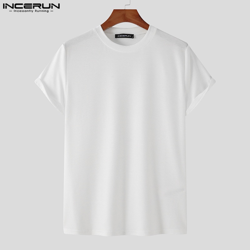 Áo thun INCERUN tay ngắn cổ tròn màu trơn thiết kế đơn giản thời trang cho nam