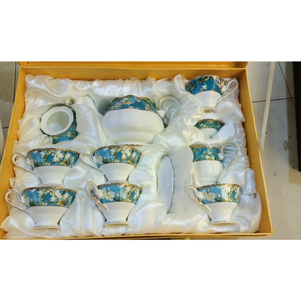 Bộ Âm Chén Sứ Xanh Kèm Đĩa Kê BC06-15 cao cấp
