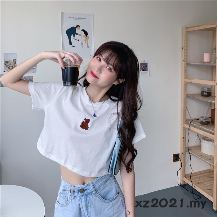 Áo thun tay ngắn thêu hoạt tiết gấu đáng yêu cho nữ