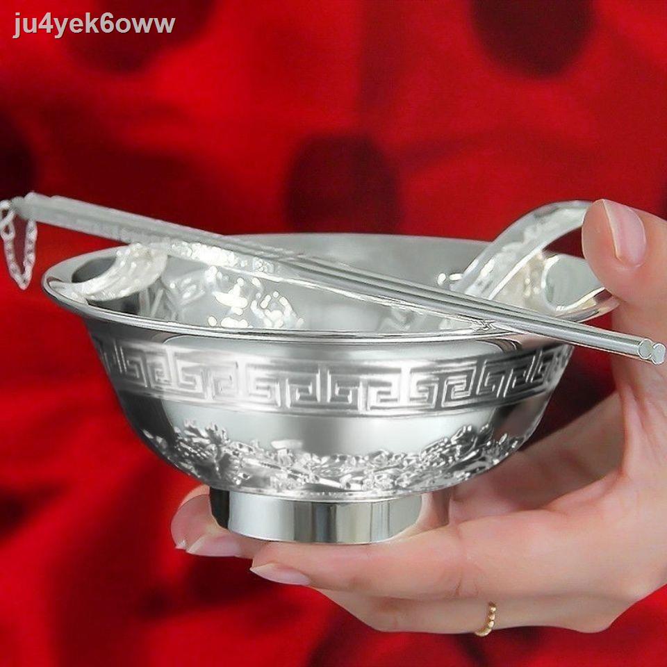 ↂ ℗ ❁✣¤Bát bạc sterling bạc nấu chín đũa bạc thìa bộ ba mảnh mạ bạc sterling chân bạc bộ đồ ăn bằng bạc rắ