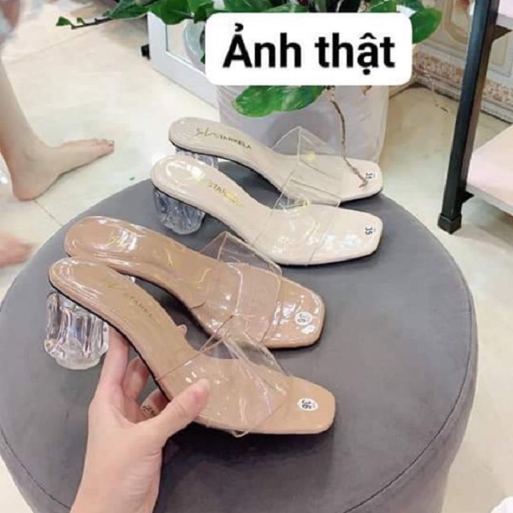 Dép cao gót 5p quai trong , guốc cao gót đế trụ gót pha lê sang chảnh 009