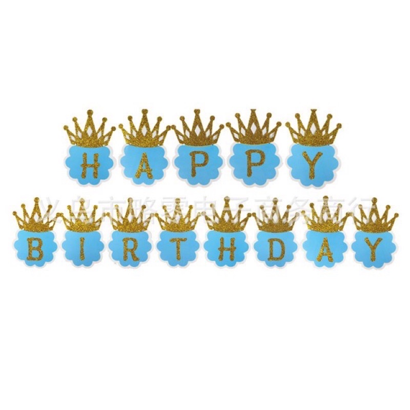 Dây chữ sinh nhật happy birthday hình vuơng miện kim tuyến lấp lánh màu pastel xanh hồng