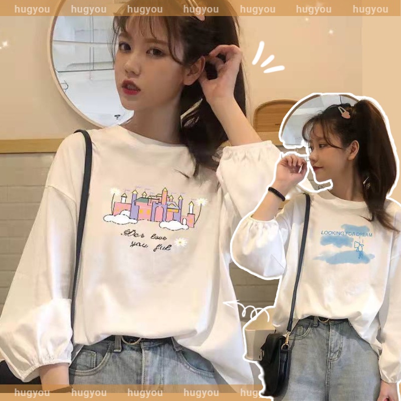 Áo kiểu tay dài phồng dáng rộng mỏng in họa tiết size lớn phong cách Hàn Quốc thời trang mới cho nữ