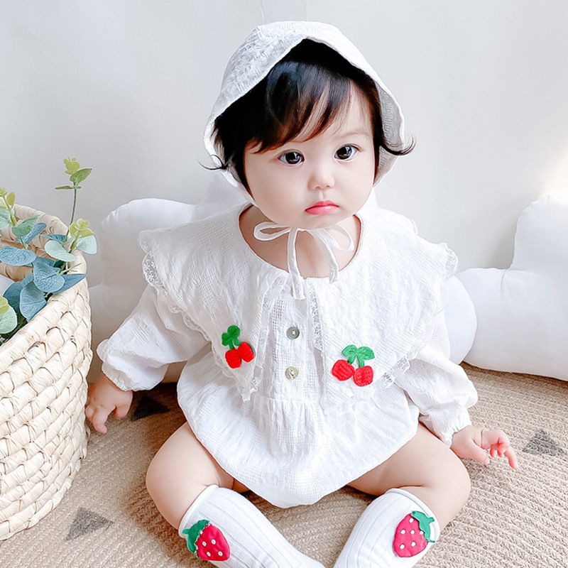 Áo Liền Quần Thêu Hình Quả Cherry Và Mũ Cho Bé Gái Sơ Sinh